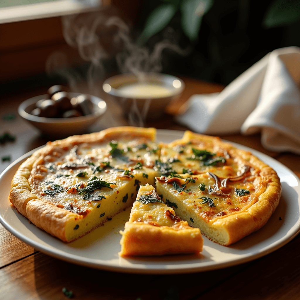 Close-up shot of a perfectly golden Tortilla Española, showcasing its texture and layers.