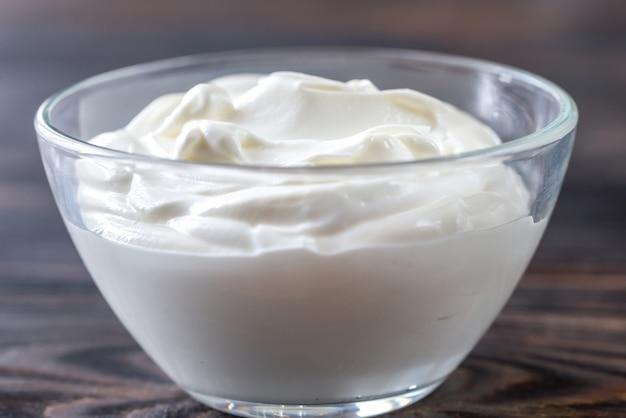 close up shot of creamy Greek yogurt in a bowl