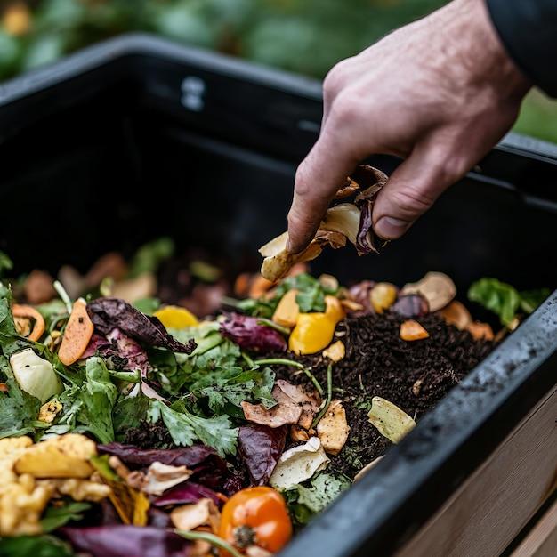 close-up of a hand adding vegetable scraps to a stockpot