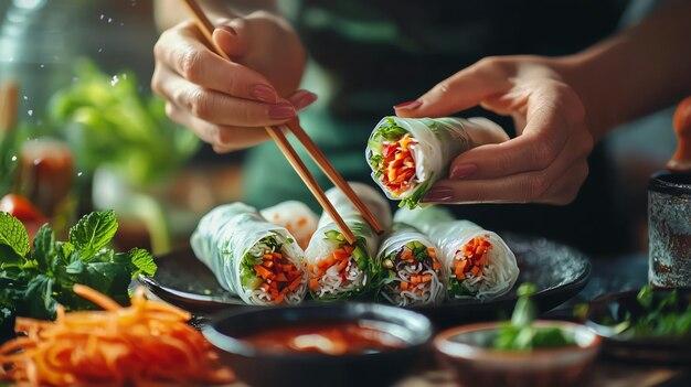 Close-up of hands expertly rolling a spring roll.
