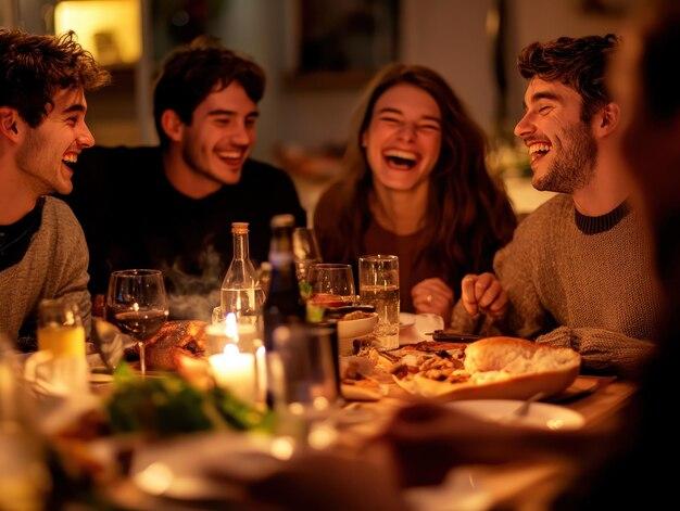 A group of friends gathered around a table, enjoying a chocolate fondue together, lots of laughter and smiles.
