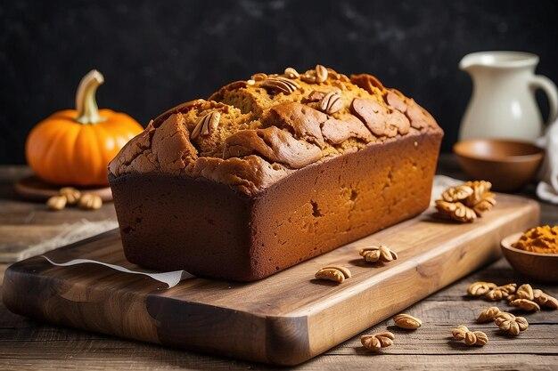 A rustic autumn scene with a loaf of pumpkin bread in the foreground.