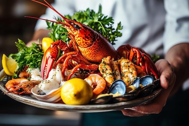A beautifully presented bowl of Lobster Jollof, garnished with fresh herbs and a lemon wedge.