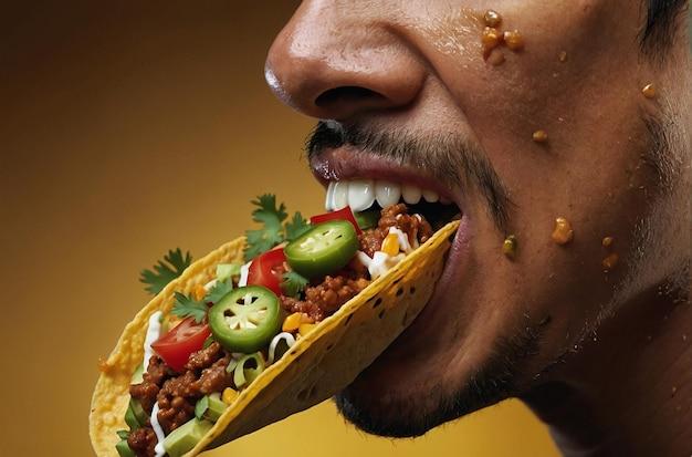 Person taking a bite of a Kimchi Fusion Taco, expression of enjoyment