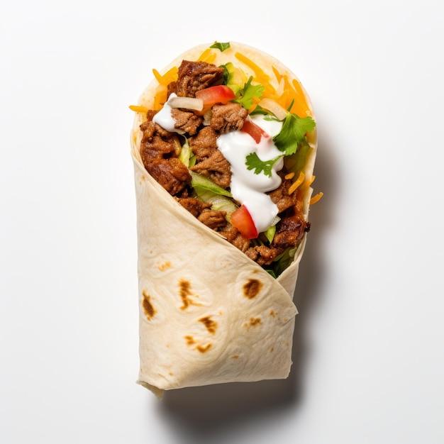 overhead shot of the assembled burrito shawarma, highlighting the colorful toppings and textures