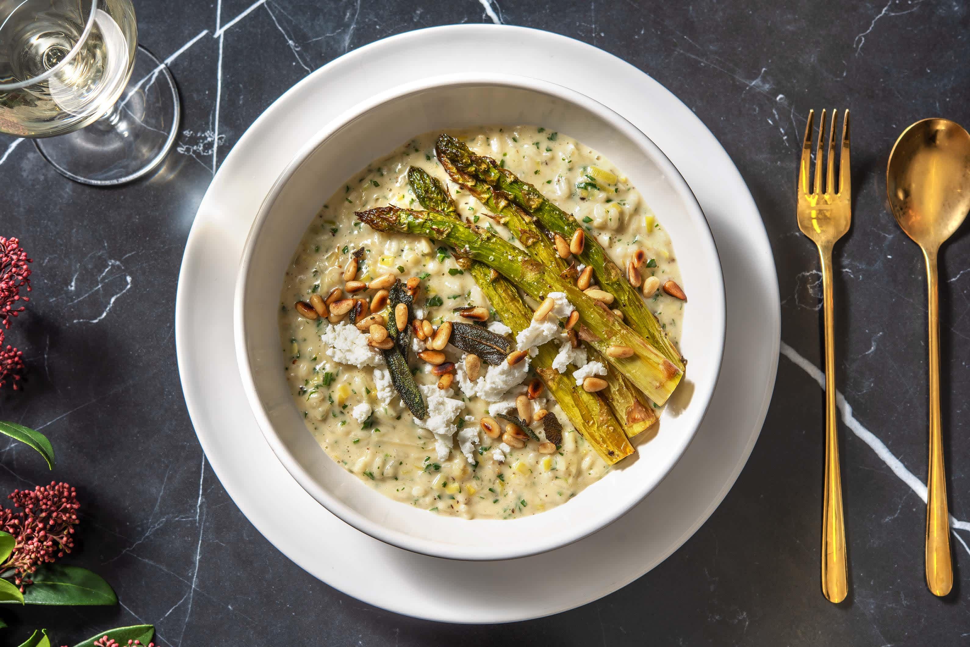creamy asparagus and goat cheese risotto topped with toasted walnuts