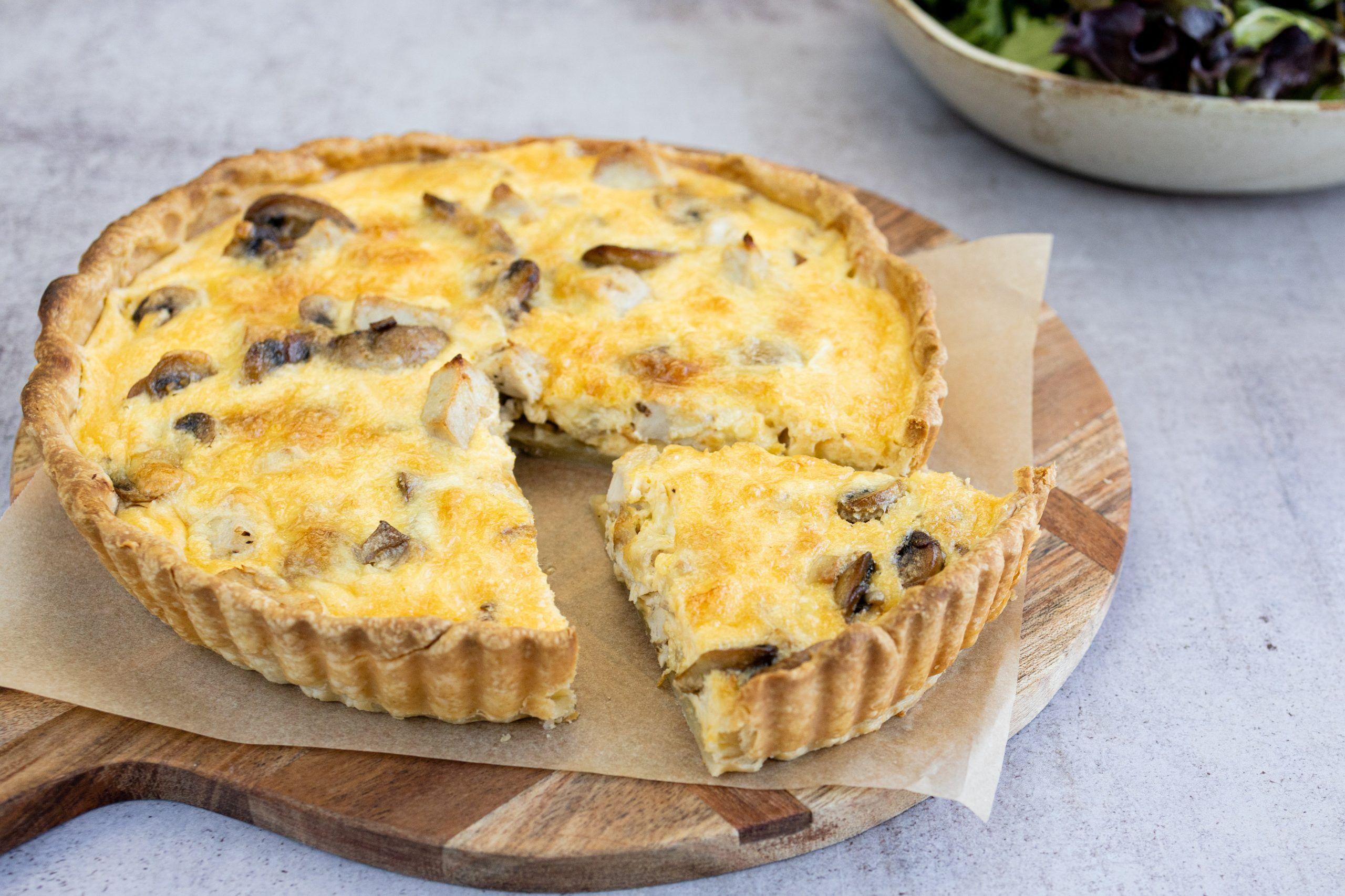 close-up of the filling inside the chicken and mushroom quiche