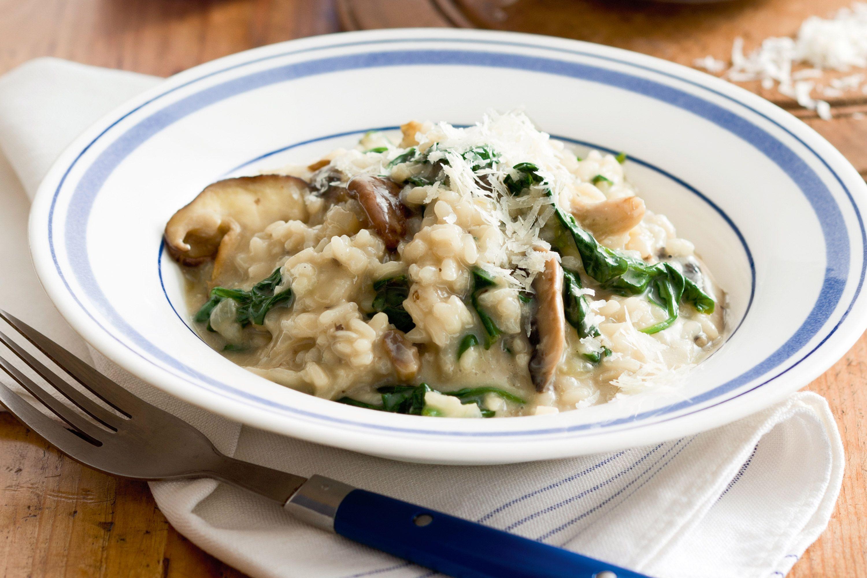 A close-up shot of the Creamy Spinach and Mushroom Risotto ingredients
