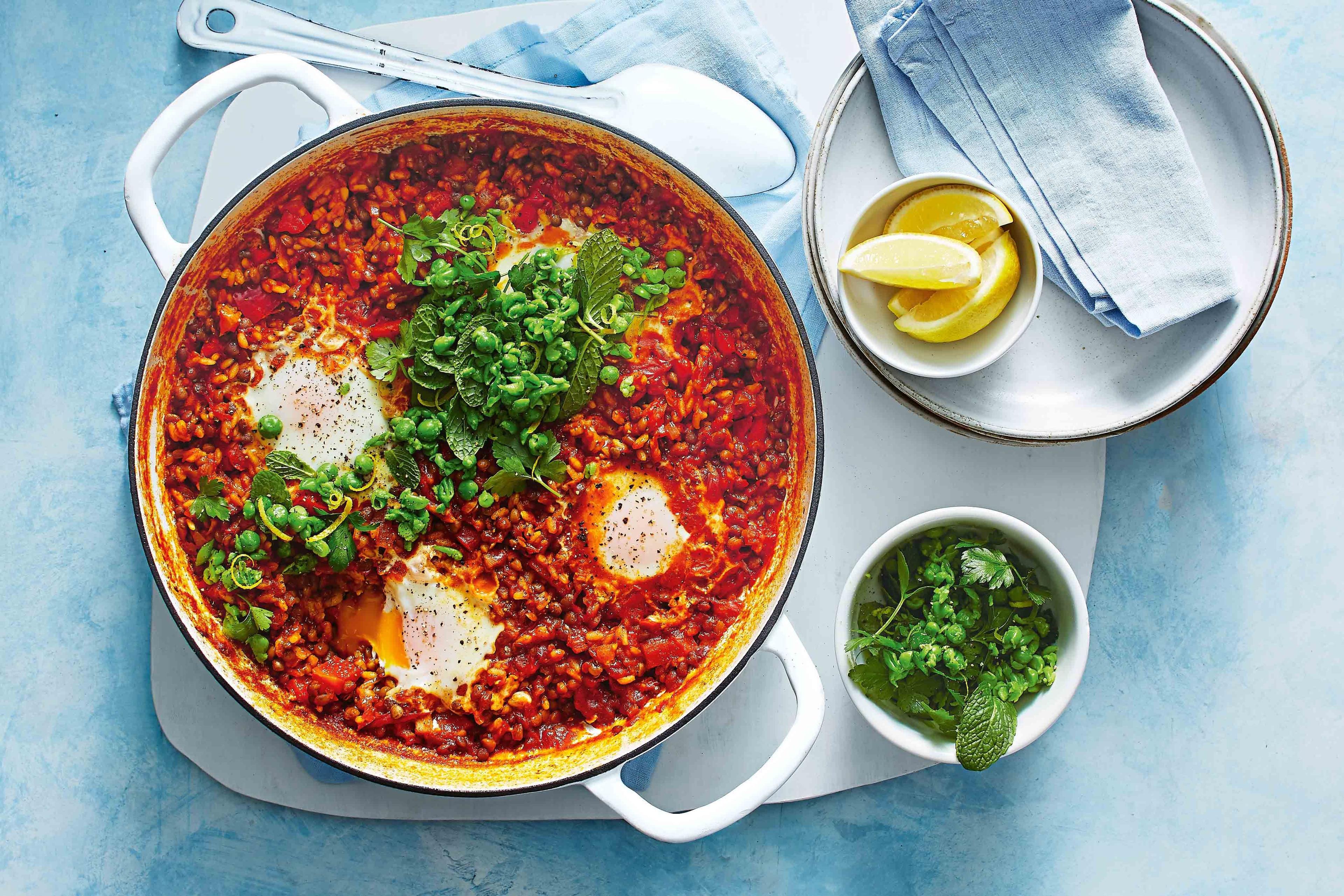 A close-up shot of a finished Red Lentil and Vegetable Paella, highlighting the colorful vegetables and lentils