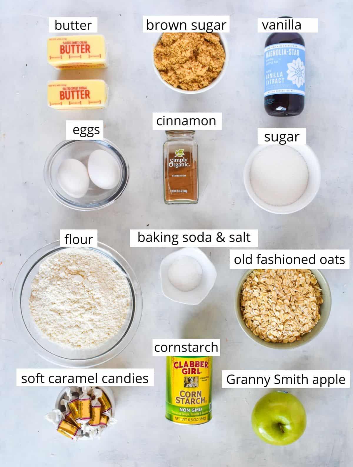 Ingredients laid out for making apple oatmeal cookies with chocolate chips