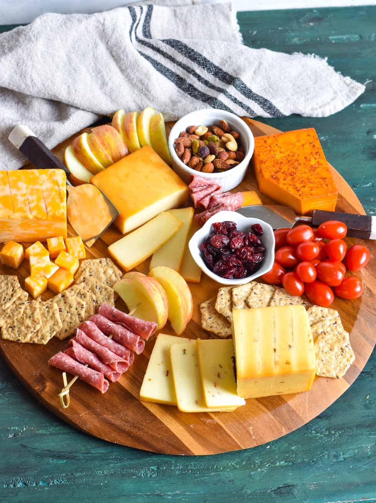 Smoked cheese cubes on a charcuterie board