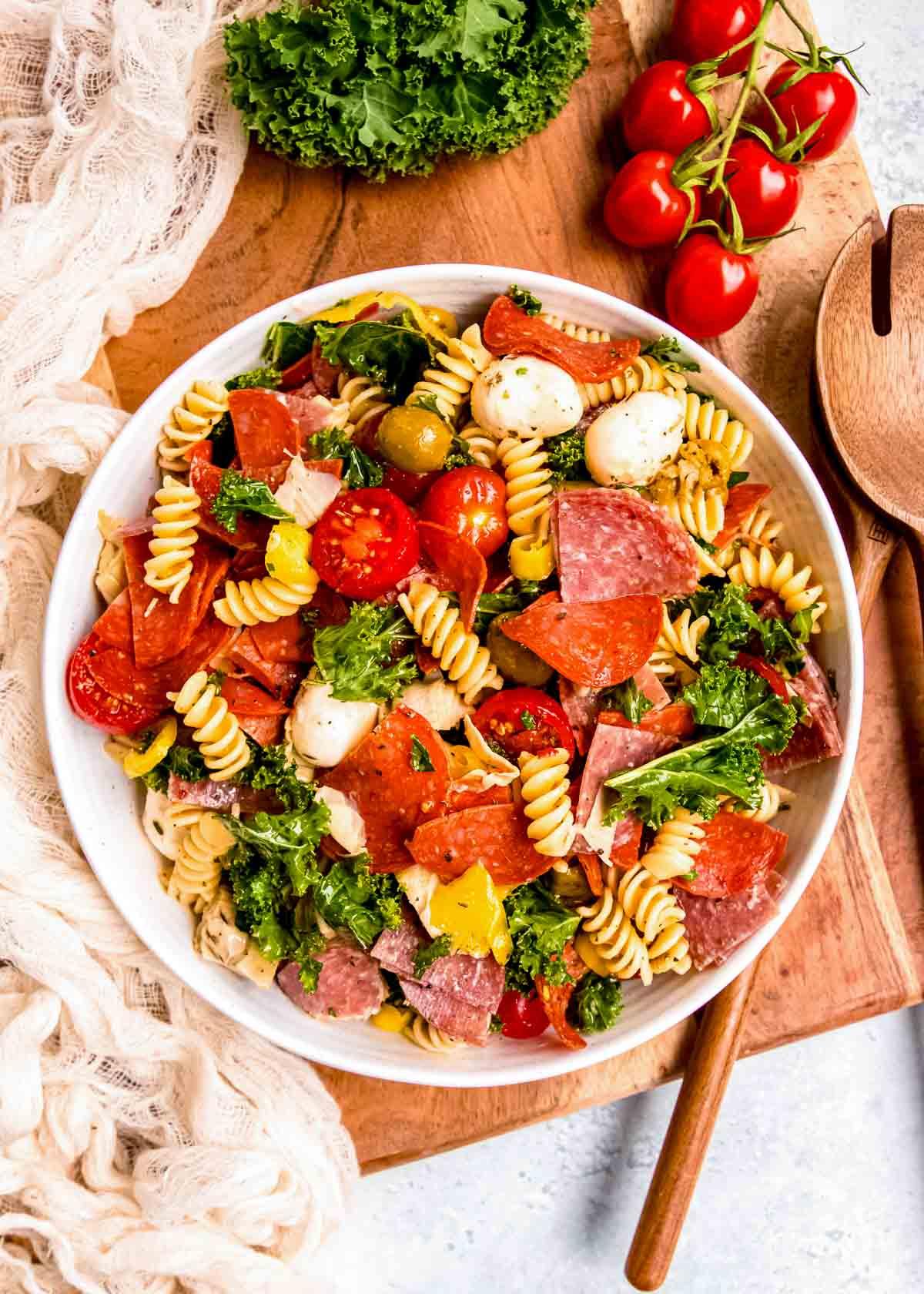 Overhead shot of Antipasto Pasta Salad in a serving bowl