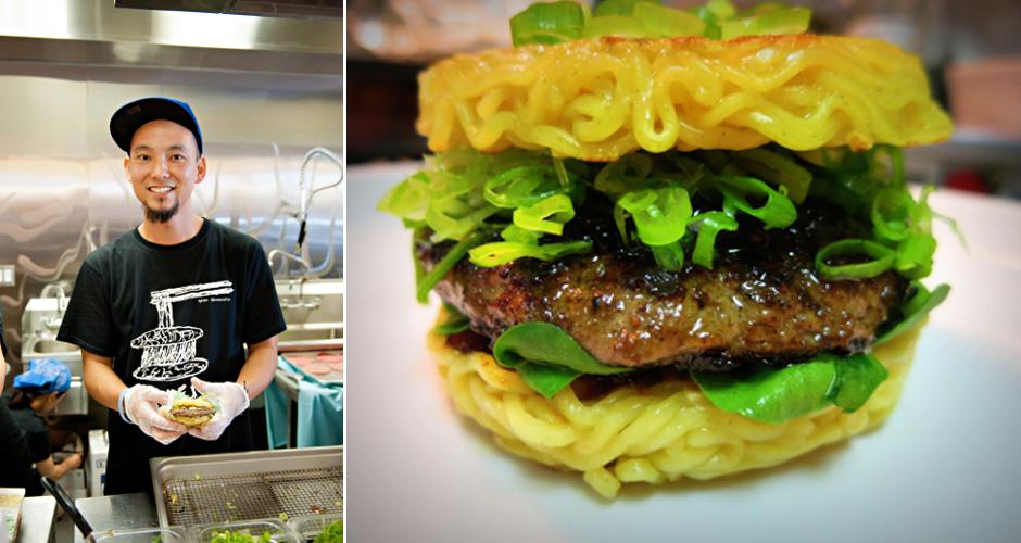 A close-up shot of a person taking a bite of a delicious ramen burger with a mirin glaze