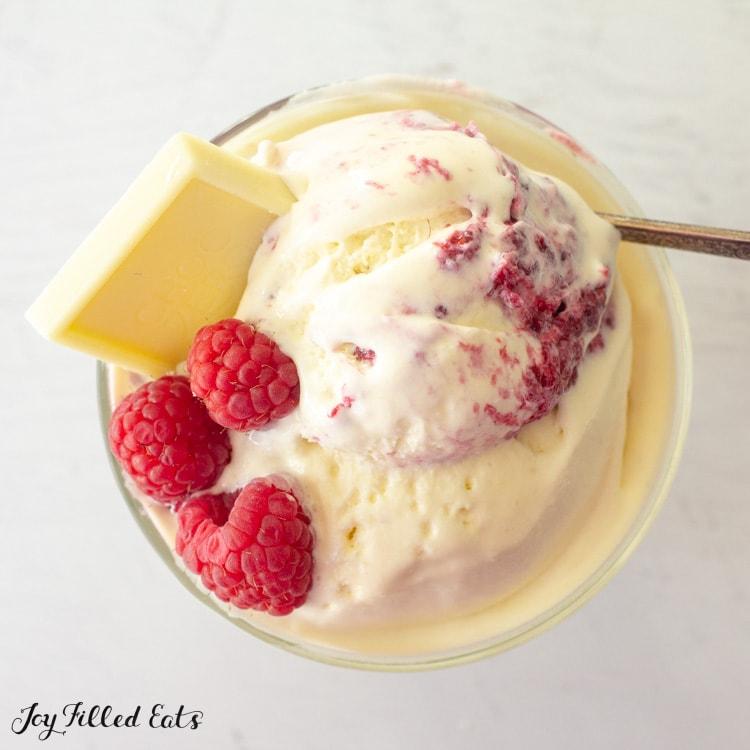 Close-up of white chocolate raspberry ice cream being swirled