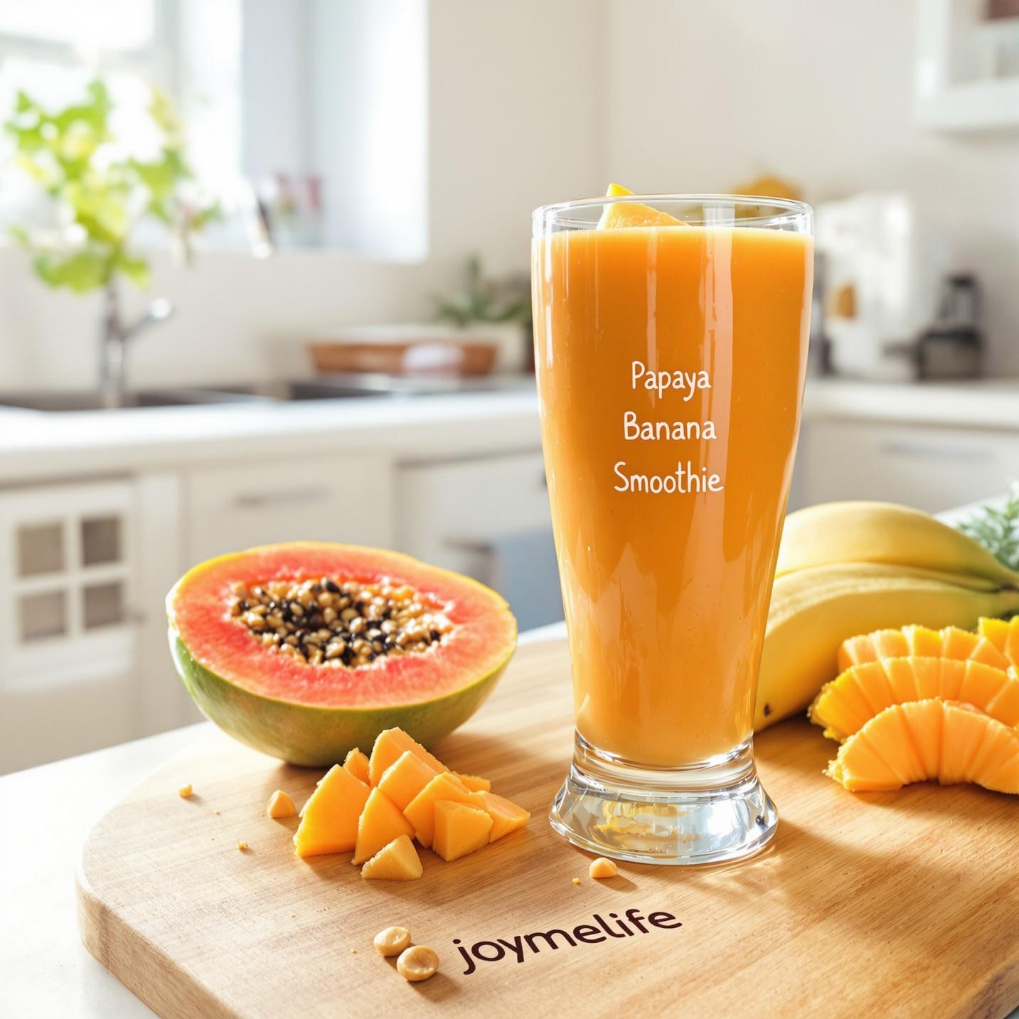 a vibrant banana and papaya smoothie in a glass, garnished with a slice of papaya