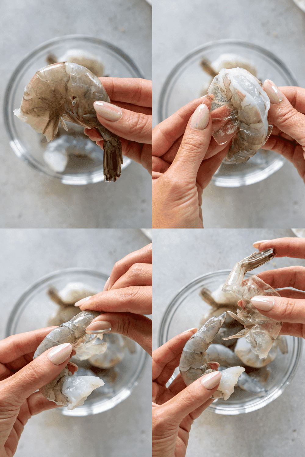 An image depicting the process of preparing the shrimp: deveining, cleaning, and patting dry