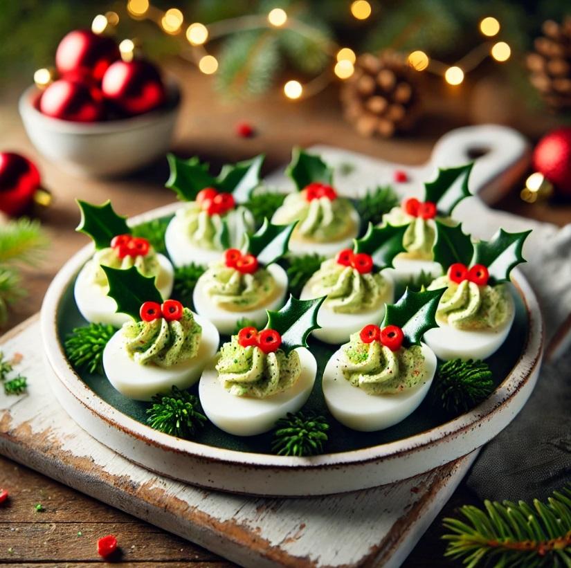 A family enjoying Christmas deviled eggs at a holiday gathering