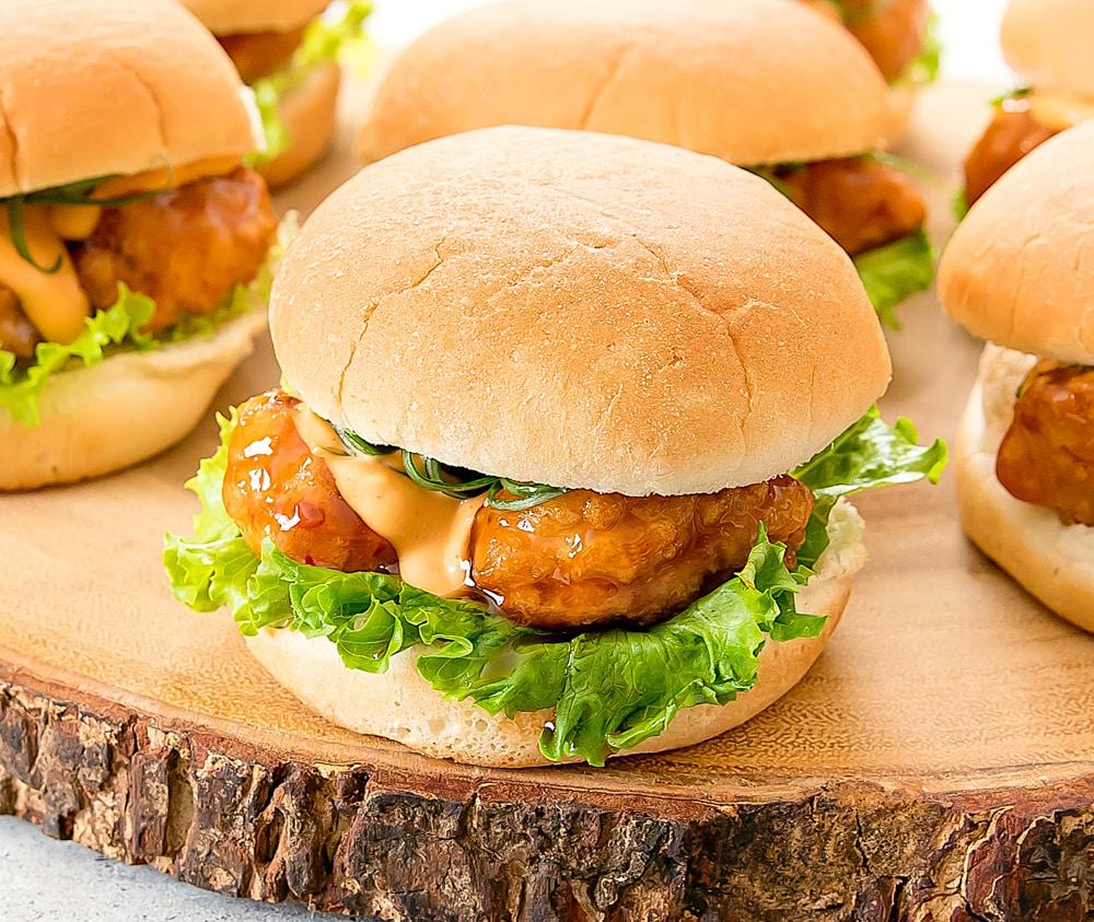 A collection of several General Tso's Chicken Sliders, ready to eat