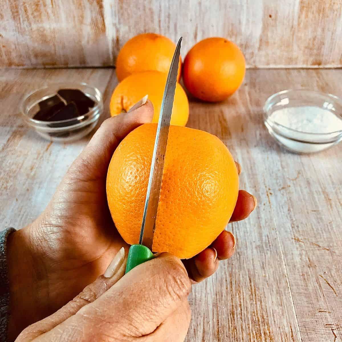 Close-up shot of candied orange peel being made