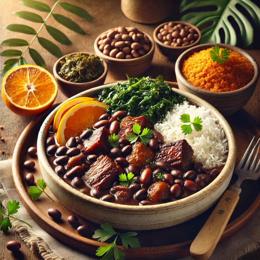 Close up of a bowl of Feijoada with Asparagus, showing the texture and vibrant colors of the ingredients