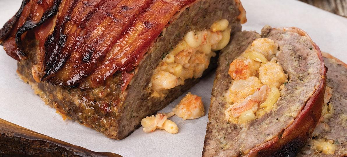 Close-up of the lobster meatloaf showing its texture and color