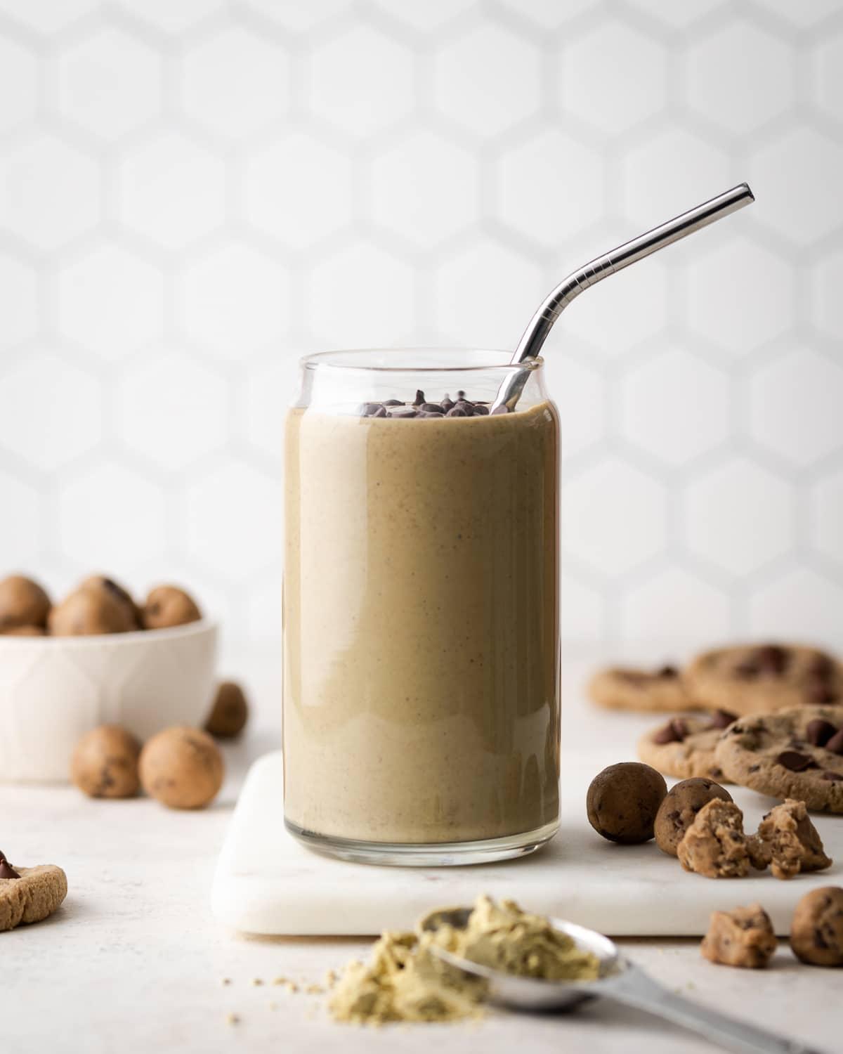 Ingredients for Berry Cookie Dough Smoothie arranged beautifully