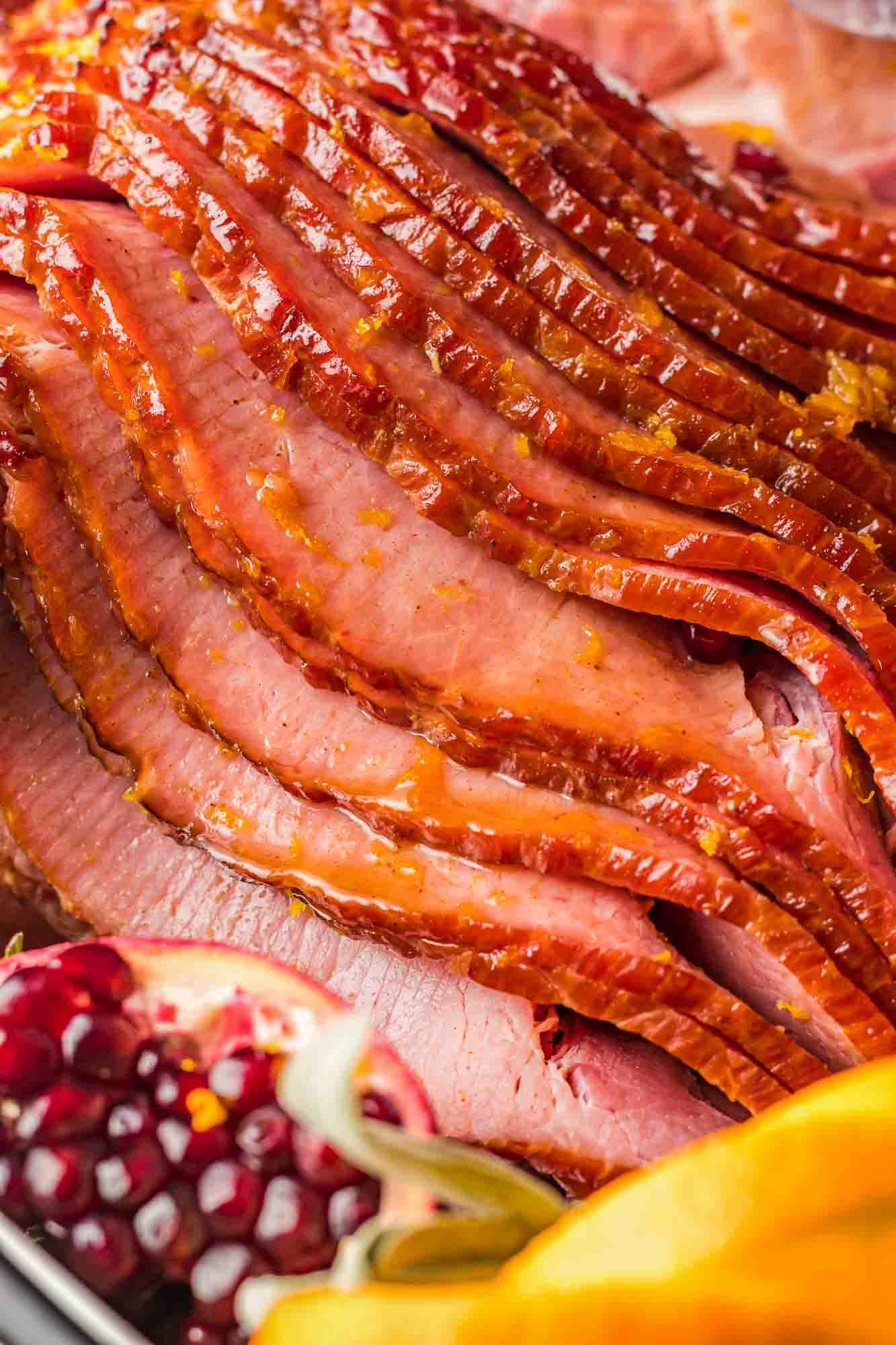 Close-up of honey garlic glaze bubbling on a ham