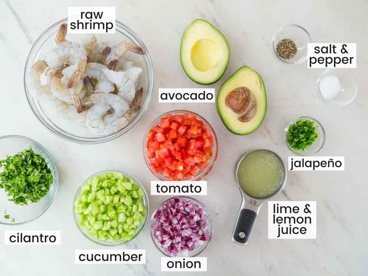 A shot of the ingredients of the ceviche laid out ready to be used