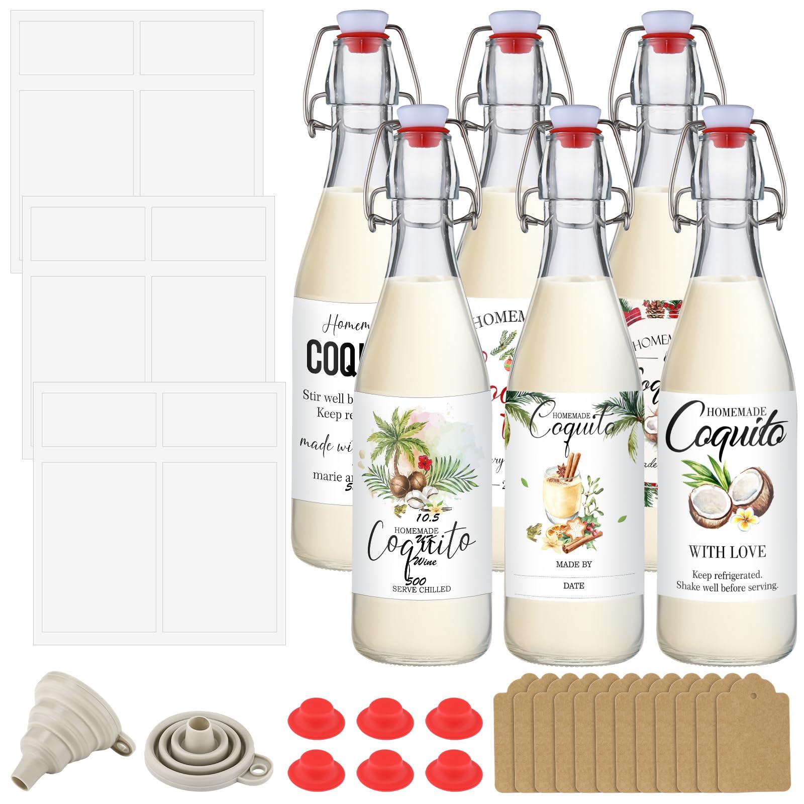 coquito bottles chilling in a refrigerator, surrounded by festive holiday lights, ready to be served