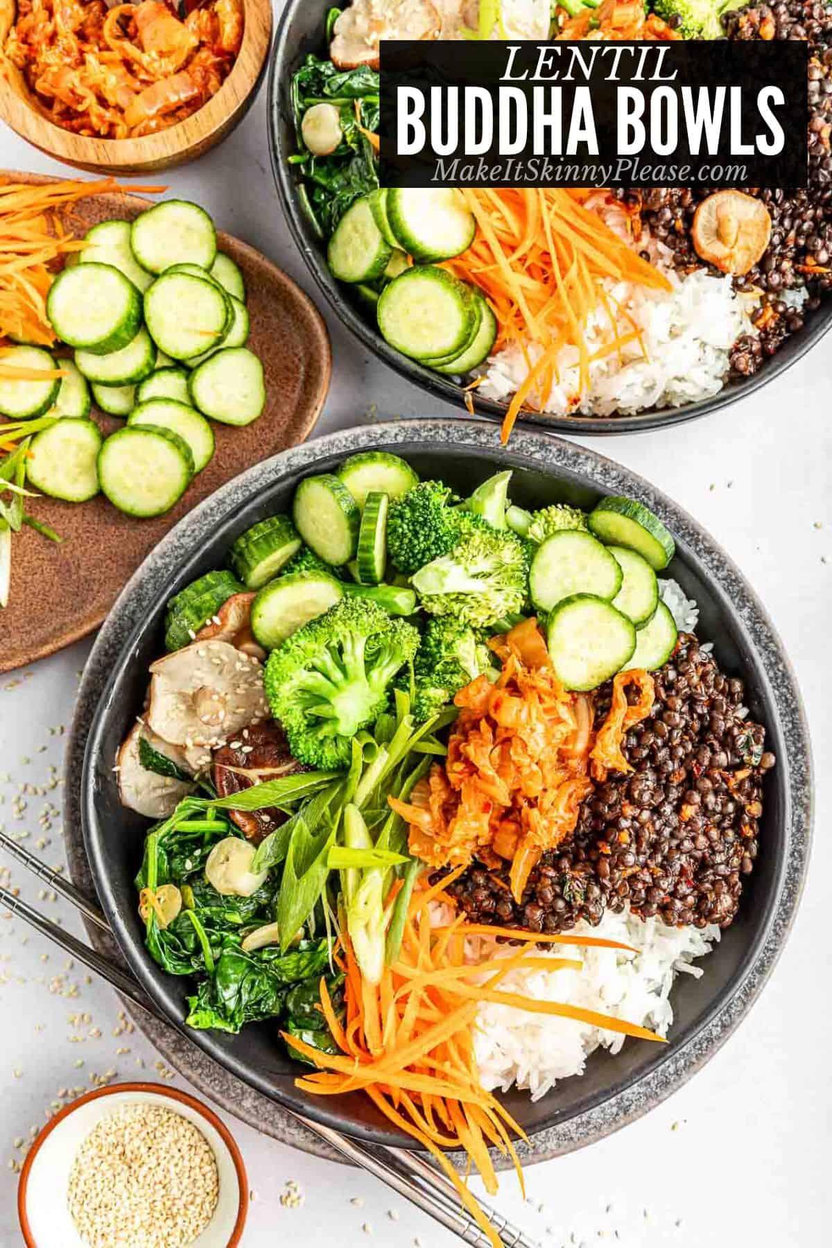 Overhead shot of hands assembling an Asian Buddha bowl