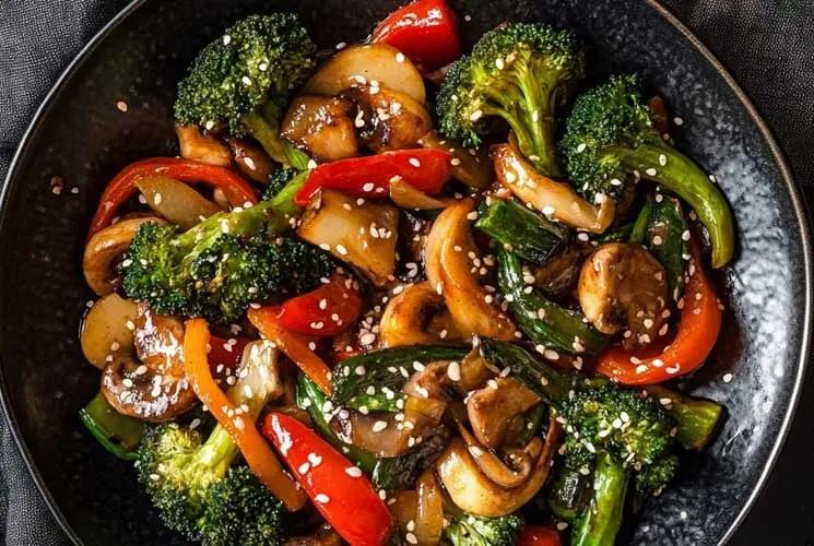 A vibrant and colorful vegetable stir-fry with miso paste and sesame seeds, featuring broccoli florets