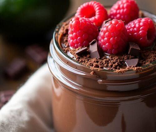 close-up shot of rich, dark brown avocado chocolate mousse in individual serving glasses, garnished with fresh berries and chocolate shavings
