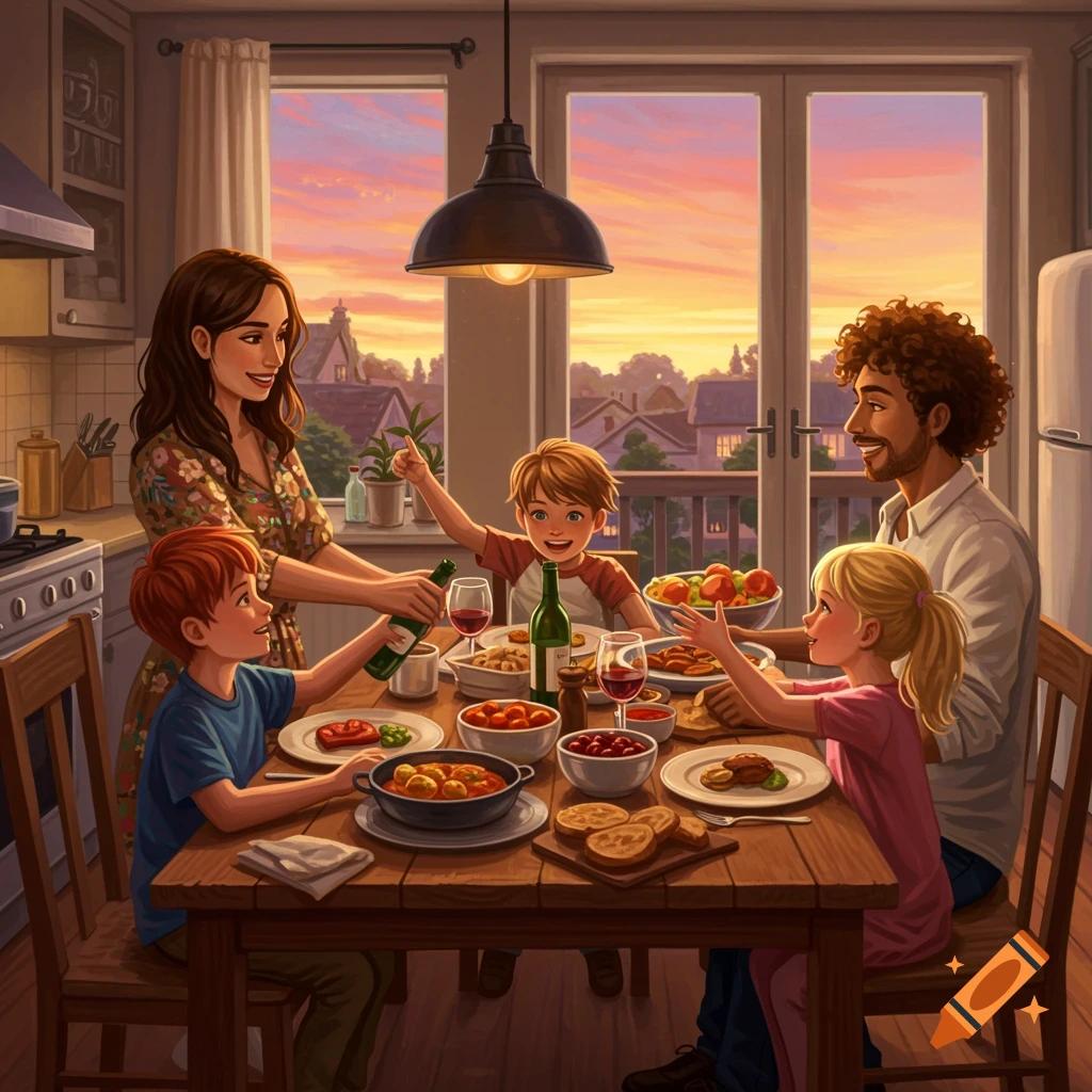 family gathered around a table, enjoying plates of Hippo Hop Mac with smiles