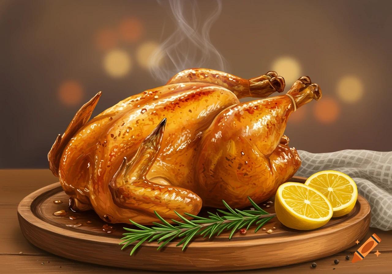 A perfectly roasted chicken with golden-brown skin, garnished with sprigs of rosemary and lingonberries on a wooden serving platter.
