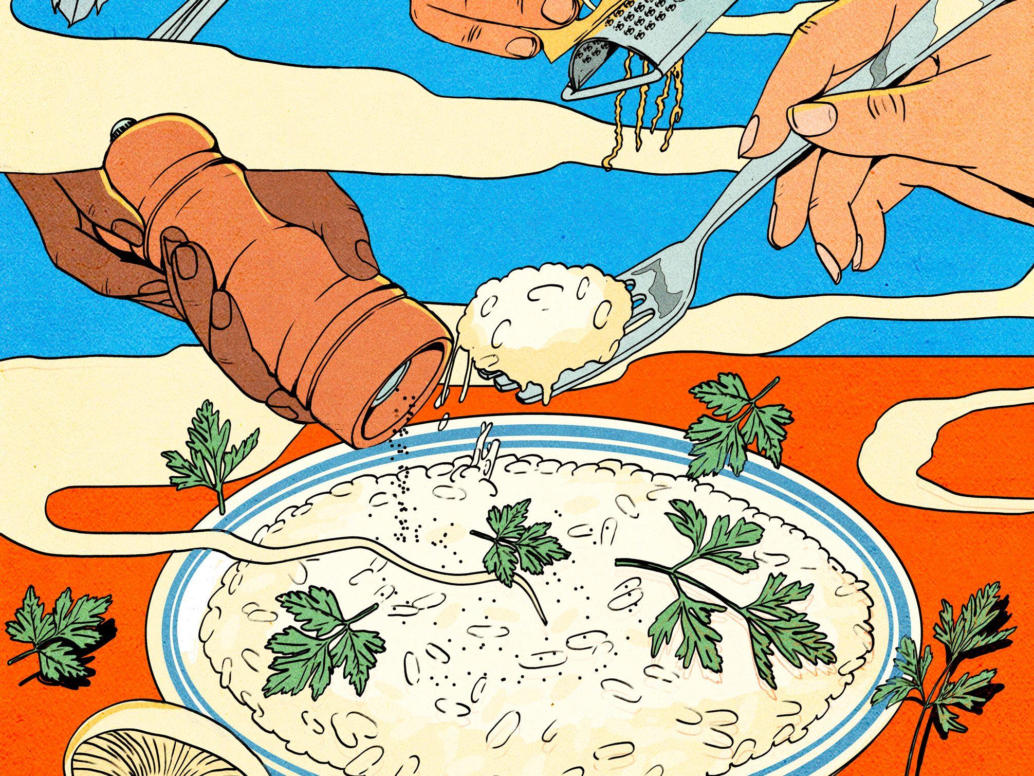 A person stirring risotto in a copper pot, bathed in warm, natural light