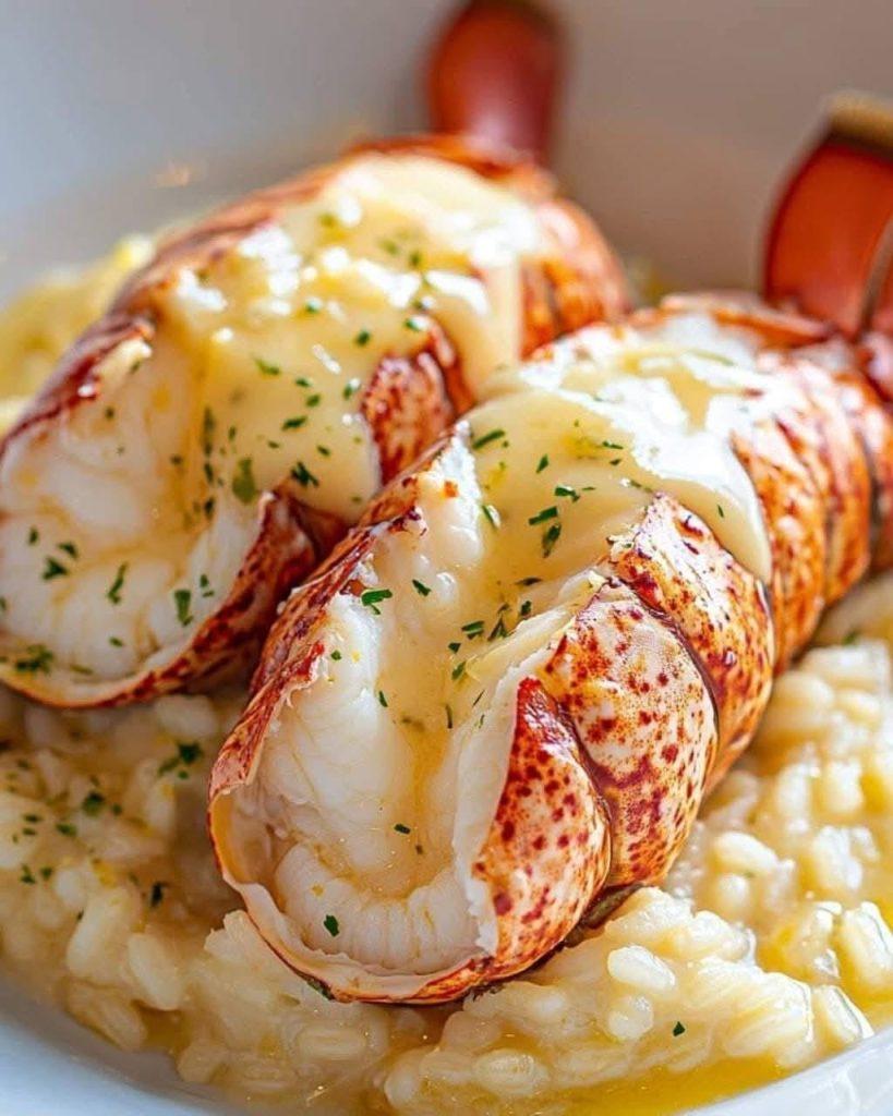 A vibrant image of Lobster Jollof Rice with Lemon Butter Sauce, garnished with fresh herbs and a lobster tail.