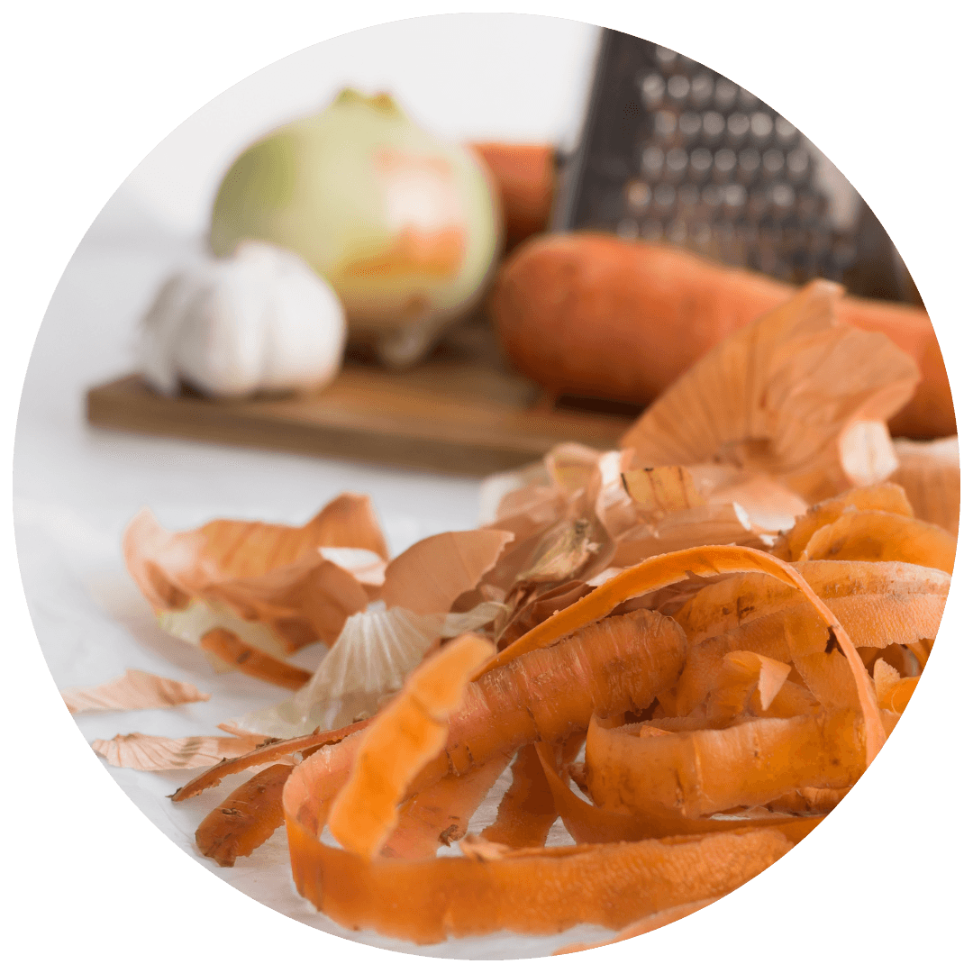 close up of vegetable scraps like carrot peels and onion skins in a bowl