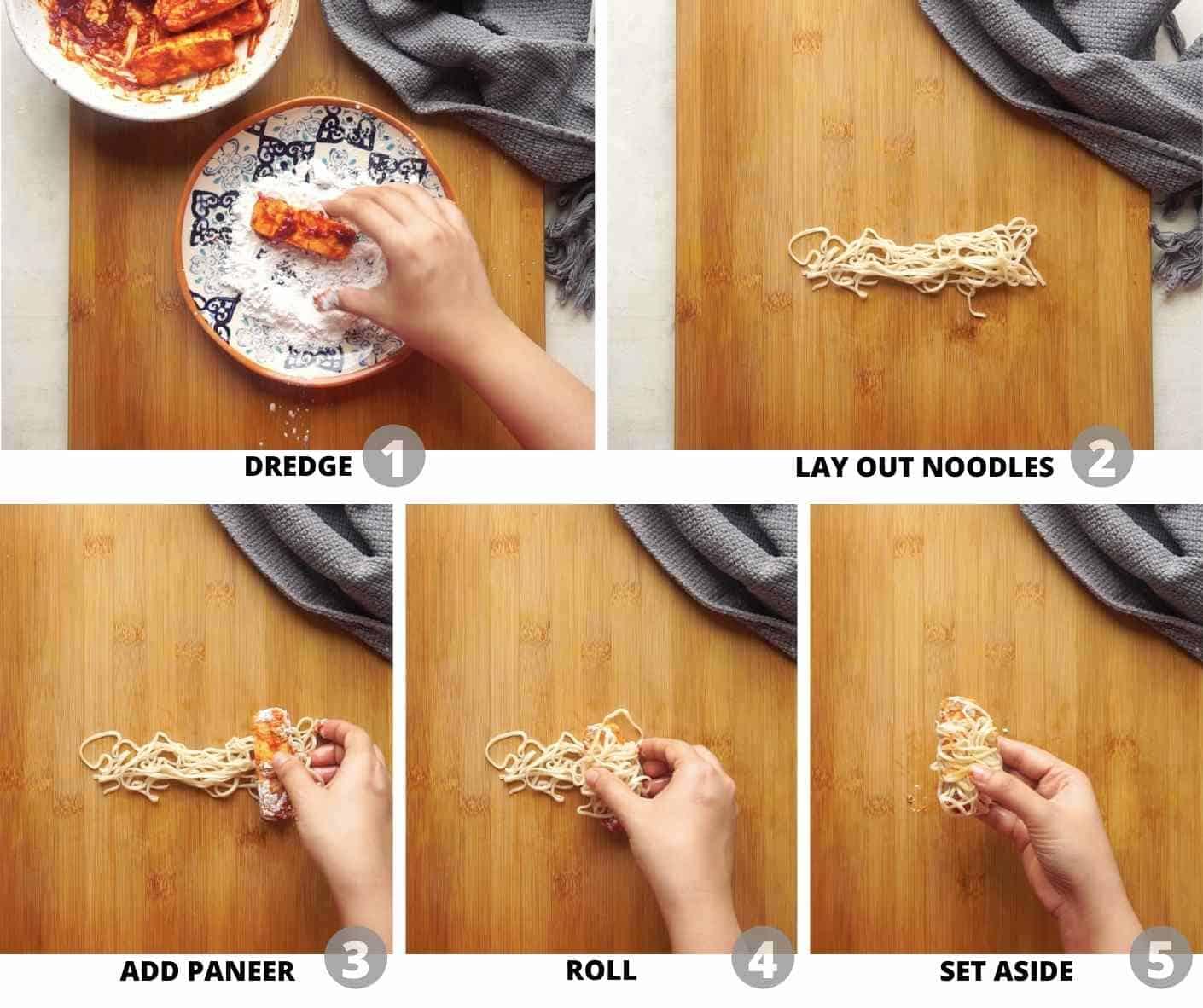 A person carefully threading paneer onto skewers