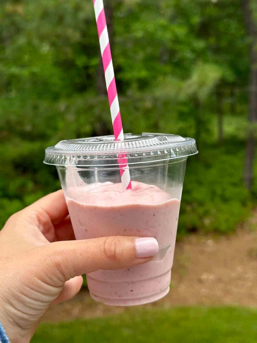 Different types of fruits and yogurt used in the cup smoothie