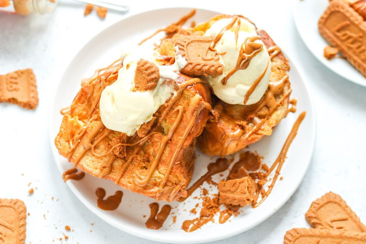 Golden brown slices of Biscoff French toast drizzled with Biscoff spread and served with a dusting of powdered sugar