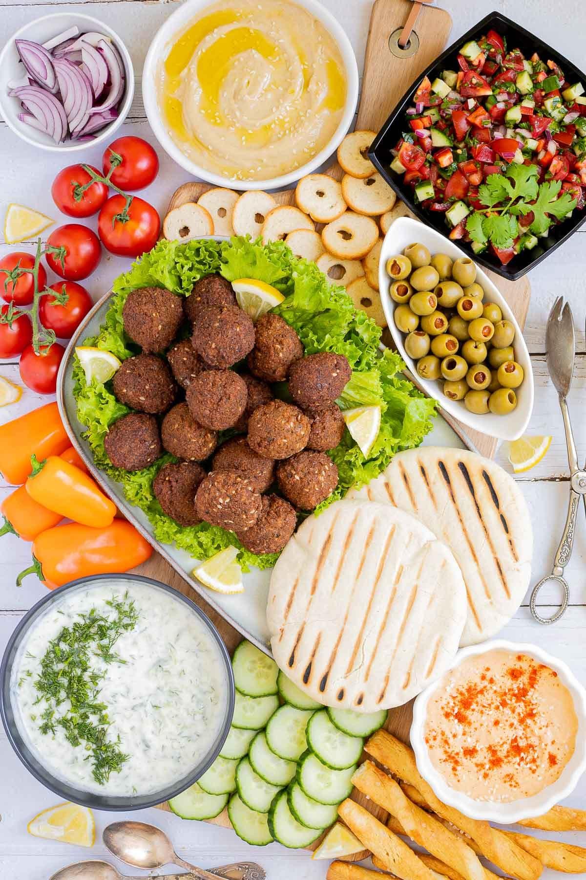 Close up shot of a perfectly arranged Mediterranean Falafel Platter