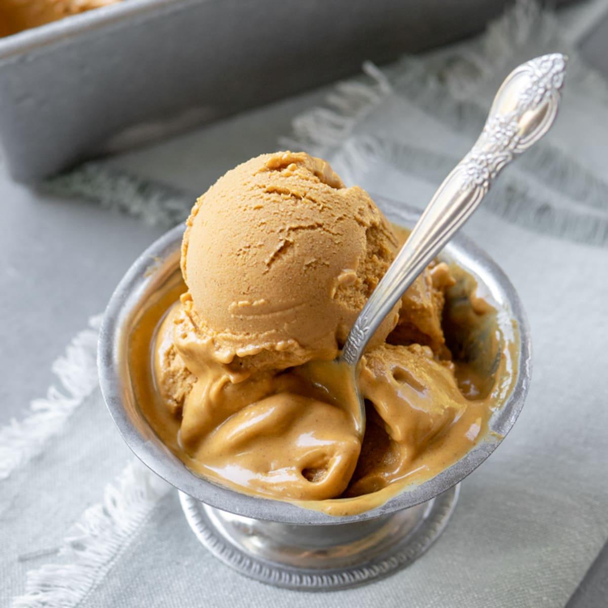 Close up of a bowl of vegan pumpkin pie ice cream