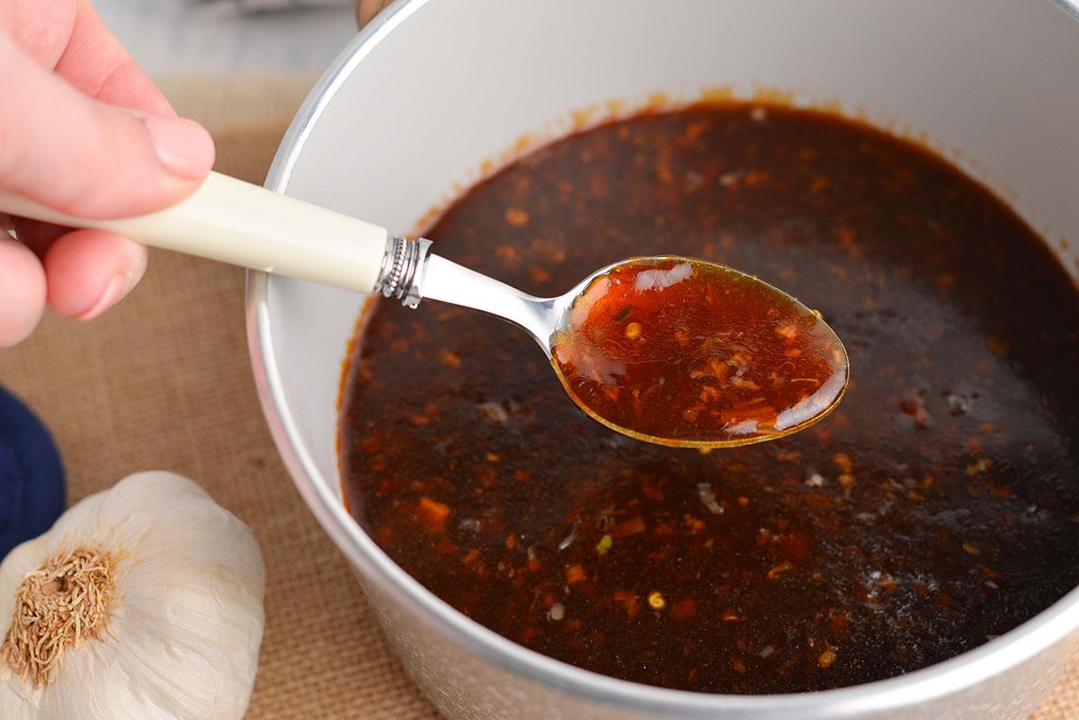 Close-up of the glossy garlic sauce in the stir-fry.