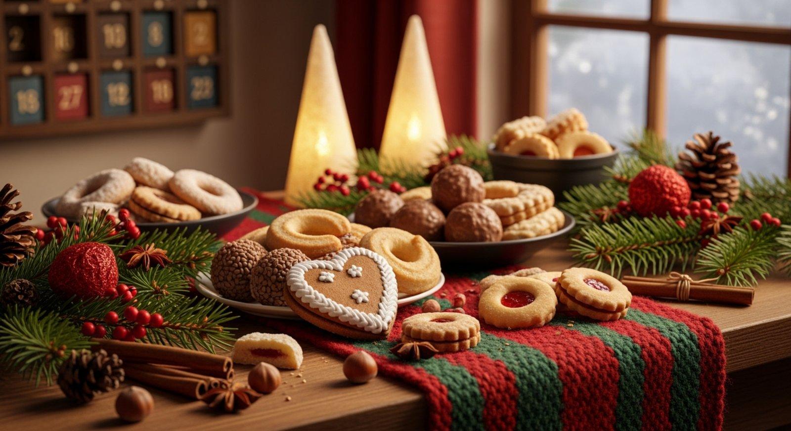 beautifully decorated almond cookies on a rustic wooden tray, soft lighting