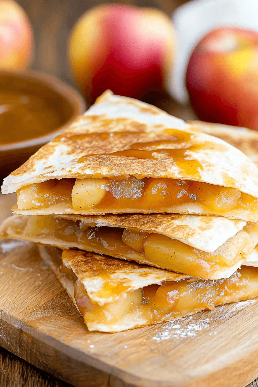 close-up of sliced apple pie quesadillas served on a plate