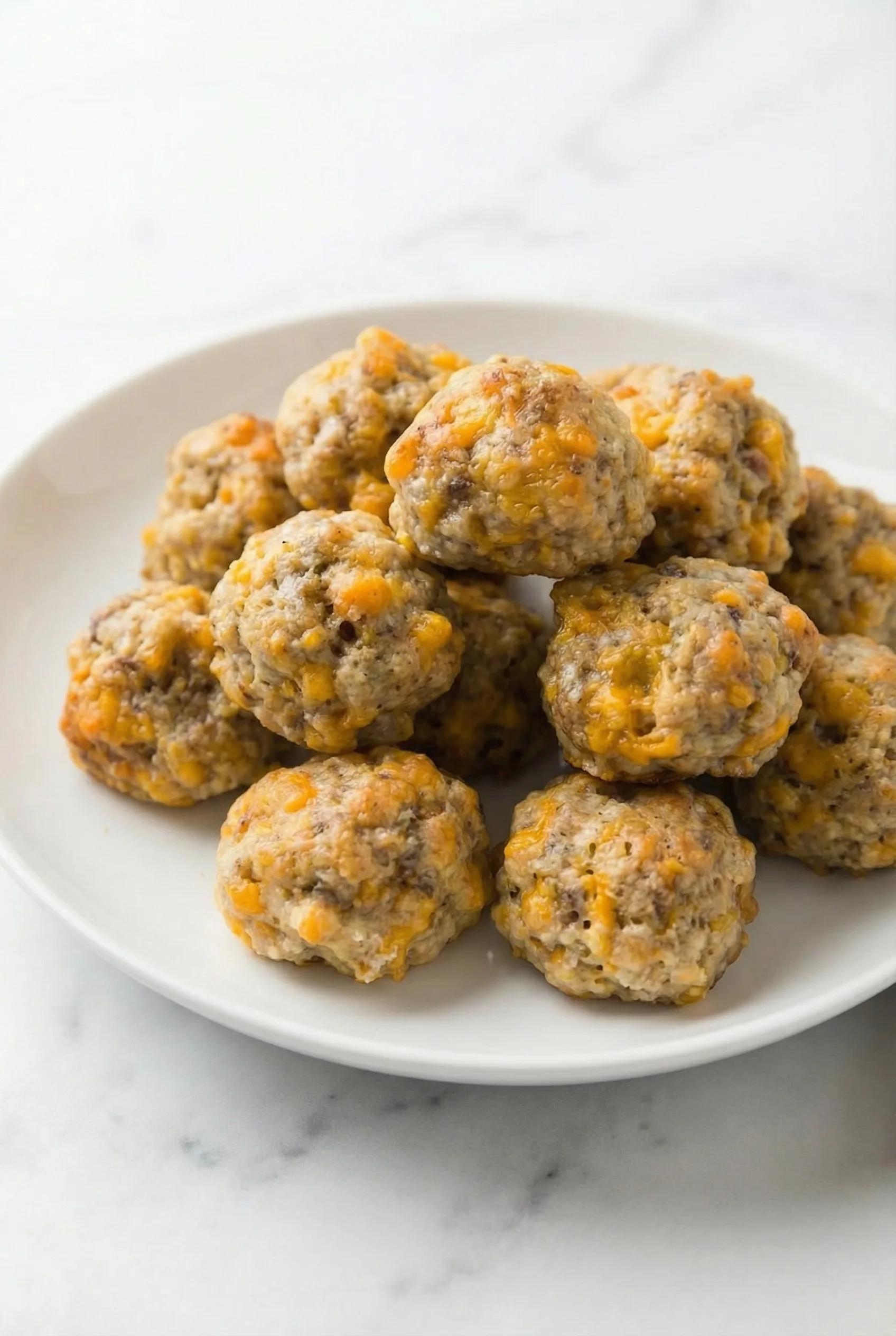 Close-up of golden brown sausage balls on a white platter