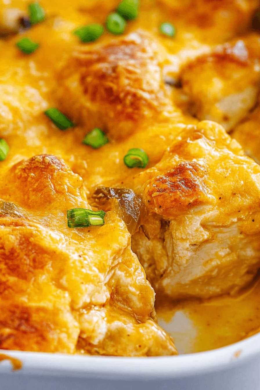 Close-up of a golden-brown casserole bubbling in a baking dish