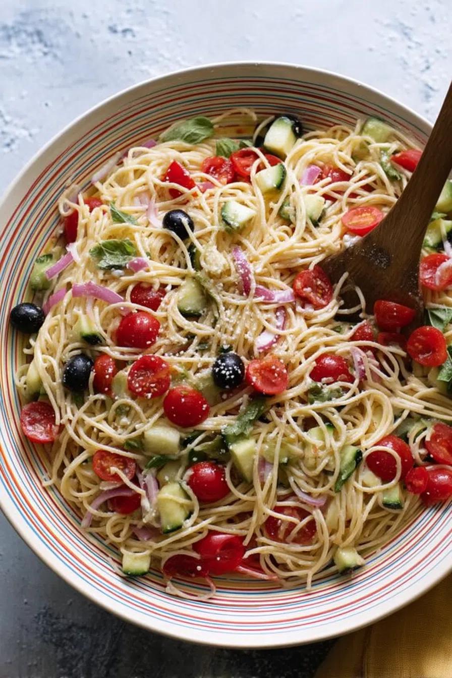 overhead shot of California pasta salad in a picnic setting