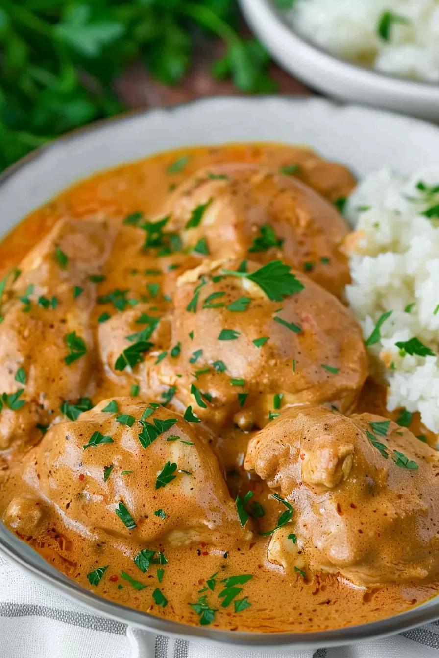 A rustic wooden table set with a bowl of chicken paprikash and crusty bread