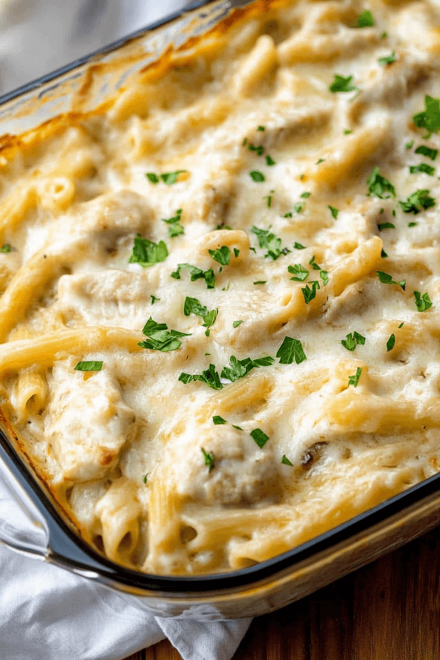 A delicious and creamy Chicken Tetrazzini baking in a 9x13 inch pan with bubbly cheese topping
